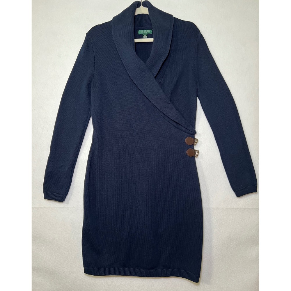 Lauren Ralph Lauren Navy Shawl Collar Buckled Equestrian Preppy Sweater Dress L‎